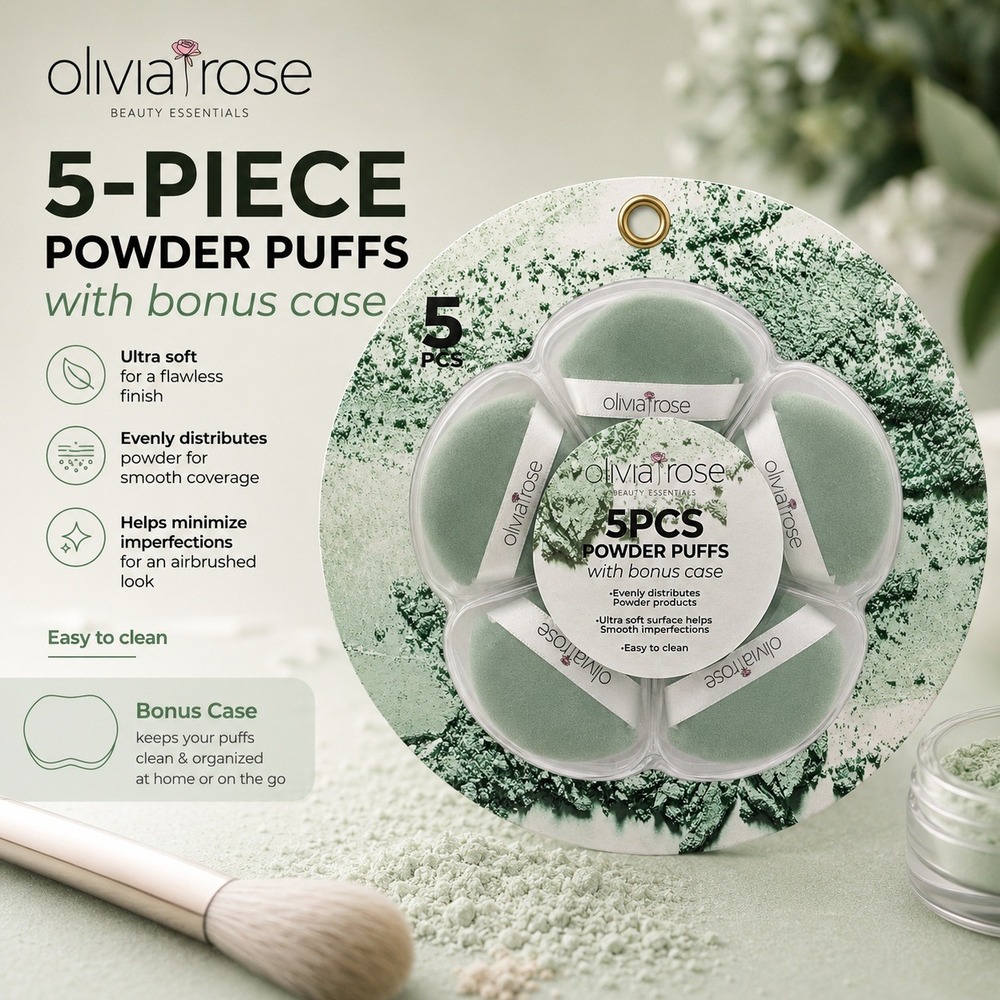 Olivia‎ Rose Beauty Essentials 5 Piece Powder Puff Set with Bonus Case Green New